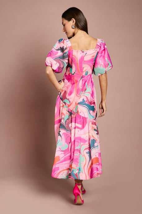 Printed Puff Sleeve Wrap Belted Midi Dress - Image 3