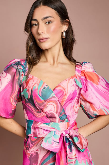 Printed Puff Sleeve Wrap Belted Midi Dress - Image 4