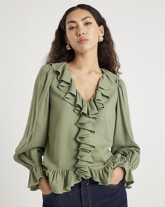 River Island Womens Blouse Khaki Long Sleeve Ruffle - Image 1