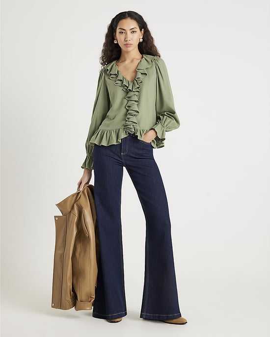 River Island Womens Blouse Khaki Long Sleeve Ruffle - Image 3