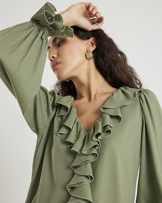 River Island Womens Blouse Khaki Long Sleeve Ruffle - Image 4