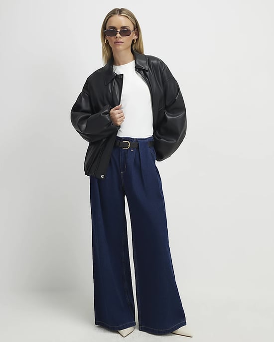 River Island Womens Wide Leg Jeans Petite Blue Belted Pleated - Image 2
