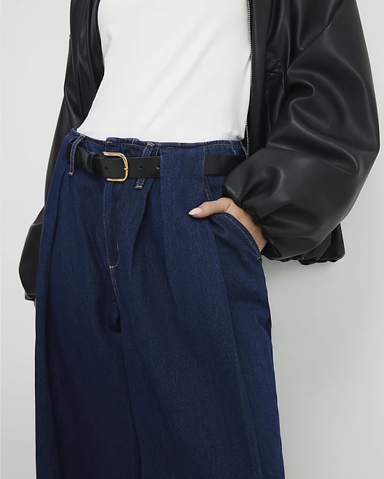 River Island Womens Wide Leg Jeans Petite Blue Belted Pleated - Image 3