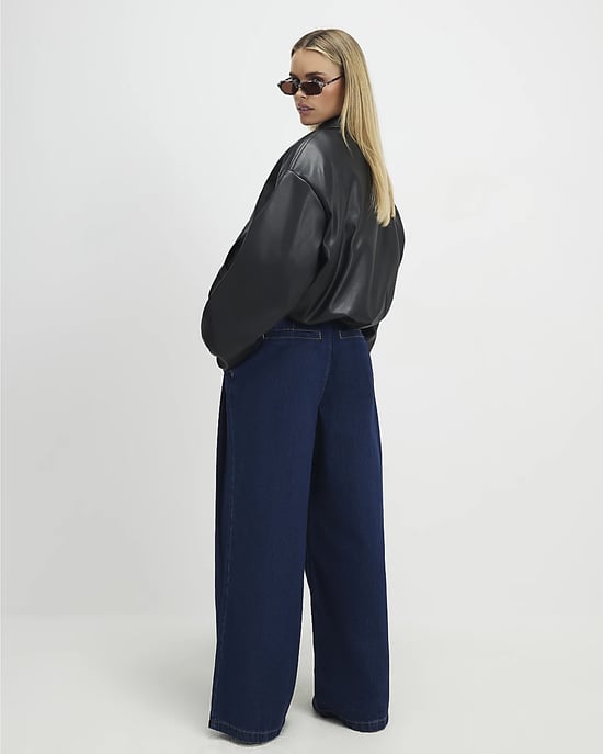 River Island Womens Wide Leg Jeans Petite Blue Belted Pleated - Image 4