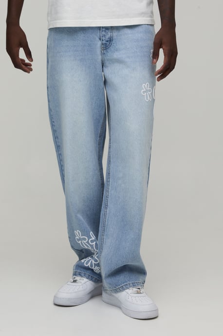 Relaxed Fit Floral Puff Print Jeans - Image 1