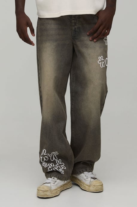 Relaxed Fit Floral Puff Print Jeans - Image 1