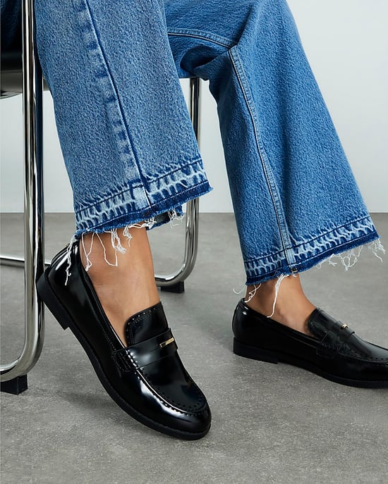 River Island Womens Loafers Black Patent Gold Trim - Image 4