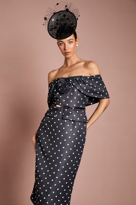 Petite Lisa Tan Spot Print Corsage Off The Shoulder Pencil Dress - Image 2