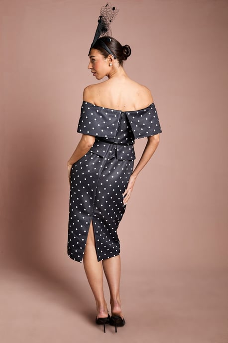 Petite Lisa Tan Spot Print Corsage Off The Shoulder Pencil Dress - Image 3