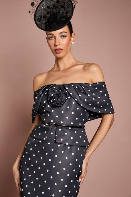 Petite Lisa Tan Spot Print Corsage Off The Shoulder Pencil Dress - Image 4