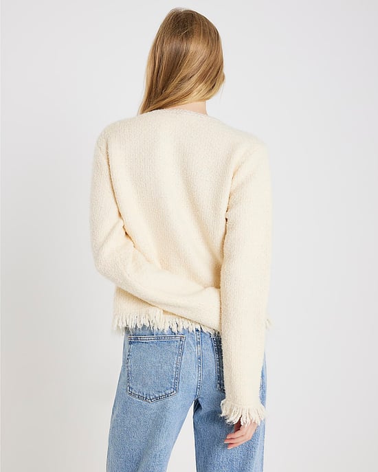 River Island Womens Cardigan Cream Boucle Long Sleeve Fringed - Image 3