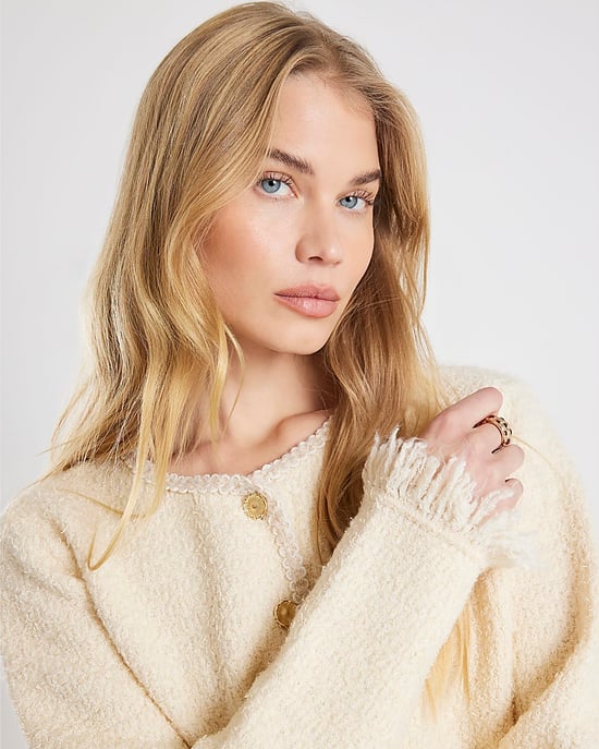 River Island Womens Cardigan Cream Boucle Long Sleeve Fringed - Image 4