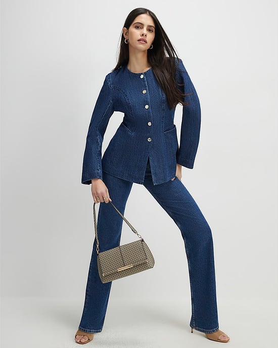 River Island Womens Trophy Jacket Blue Denim Collarless - Image 4