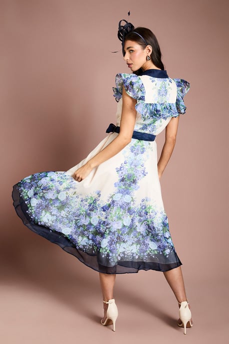 Placement Print Frill Sleeve Belted Midi Dress - Image 3
