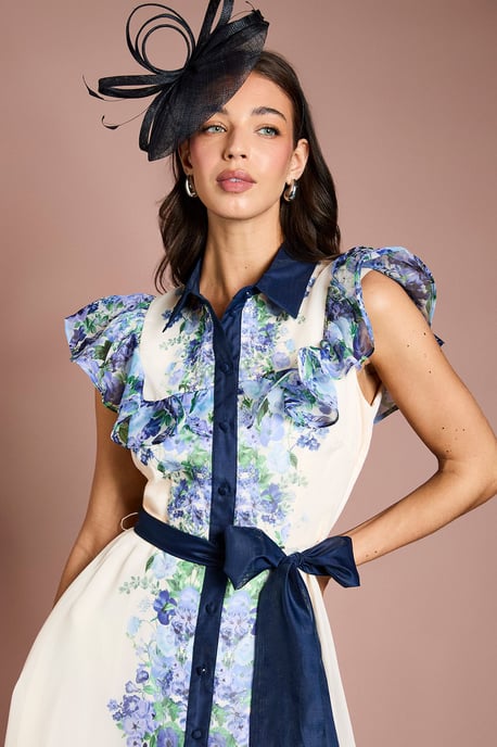 Placement Print Frill Sleeve Belted Midi Dress - Image 4