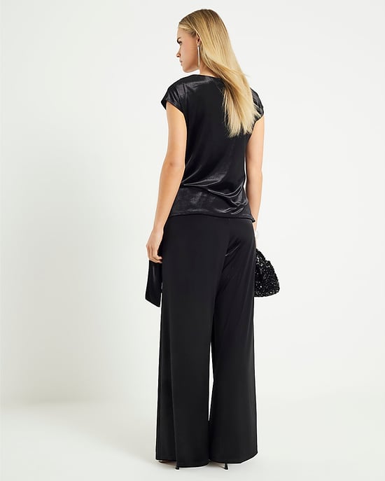 River Island Womens Joggers Petite Black Velvet Wide Leg - Image 4