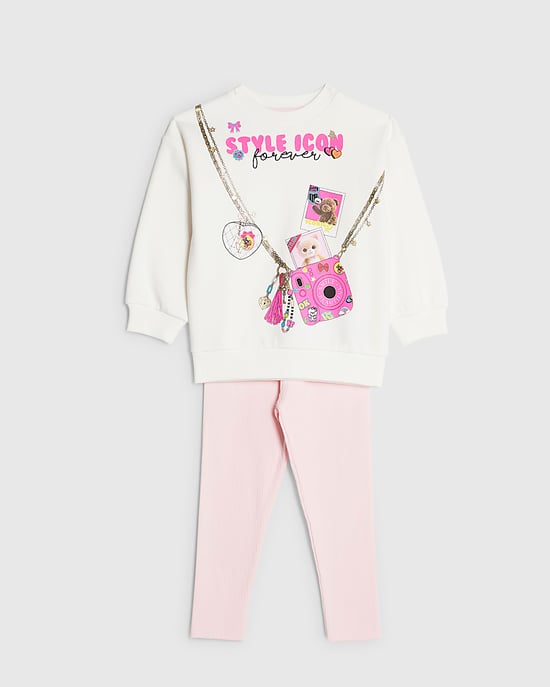 River Island Mini Girls Sweatshirt & Leggings Set Beige 2 Piece - Image 4