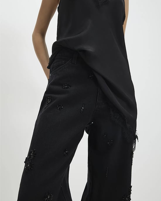 River Island Womens Straight Jeans Petite Black Embellished - Image 5