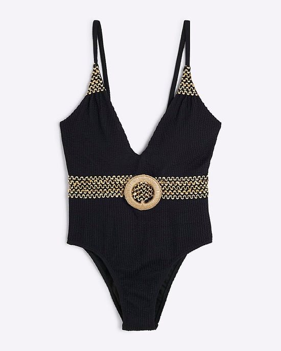 River Island Womens Swimsuit Petite Black Textured Plunge Neck - Image 1