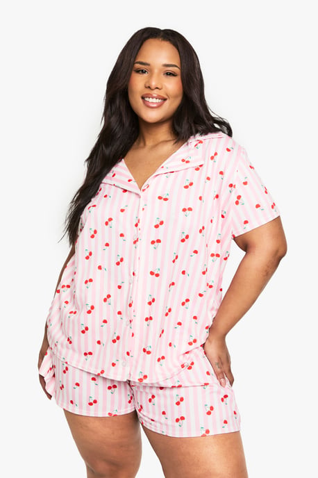 Plus Cherry Print Shirt And Short Set - Image 1