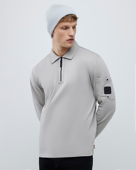 River Island Mens Polo Shirt Grey Slim Fit Sleeve Pocket Zipped - Image 1