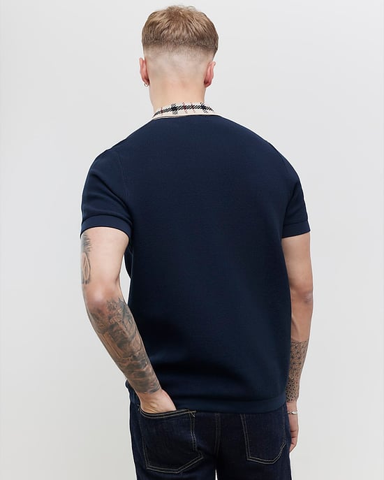 River Island Mens Polo Shirt Navy Slim Fit Check Collar - Image 3