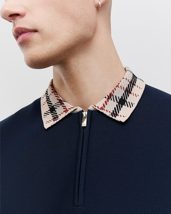 River Island Mens Polo Shirt Navy Slim Fit Check Collar - Image 4