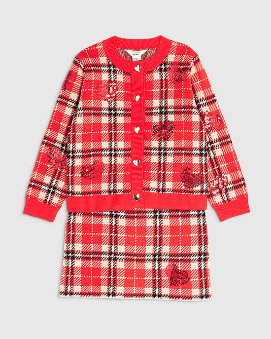 River Island Mini Girls Cardigan & Skirt Set Red Tartan 2 Piece - Image 5
