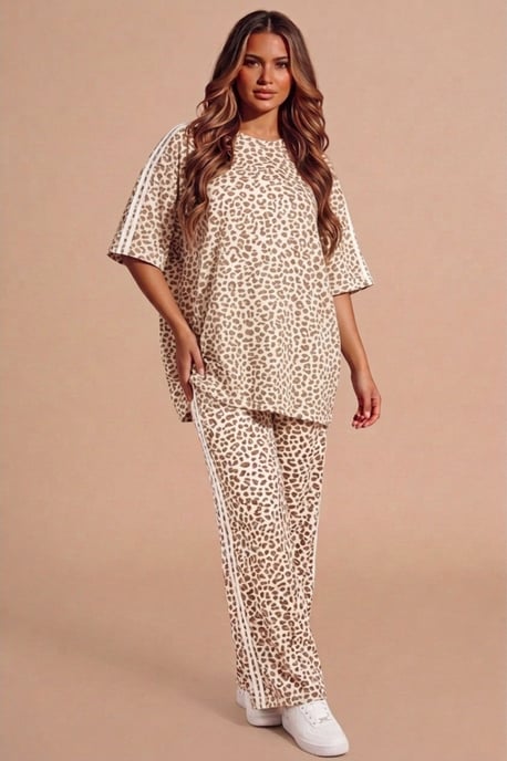 Beige Leopard Print Oversized Loungewear Set With Side Stripe Detail- Orlina - Image 2