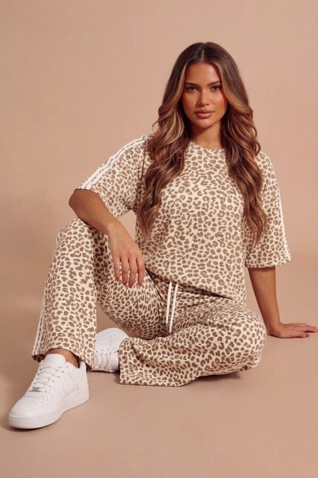 Beige Leopard Print Oversized Loungewear Set With Side Stripe Detail- Orlina - Image 3