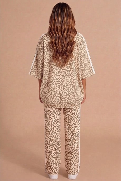 Beige Leopard Print Oversized Loungewear Set With Side Stripe Detail- Orlina - Image 5