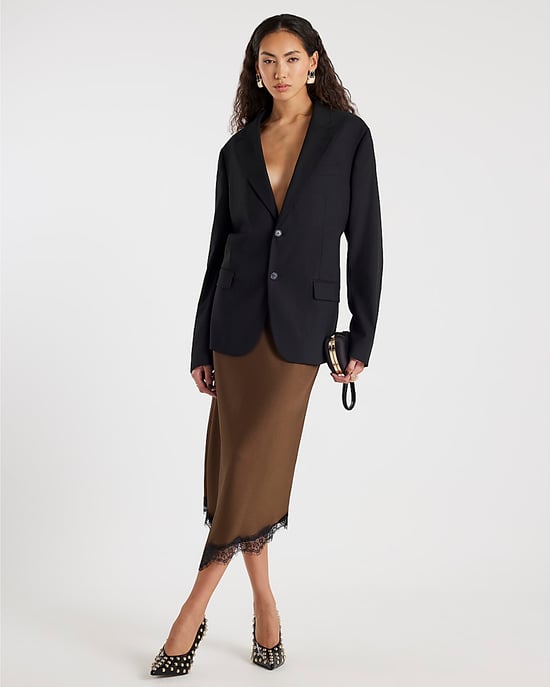 River Island Womens Midi Skirt Brown Satin Lace Hem - Image 2