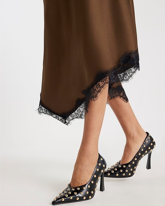 River Island Womens Midi Skirt Brown Satin Lace Hem - Image 3