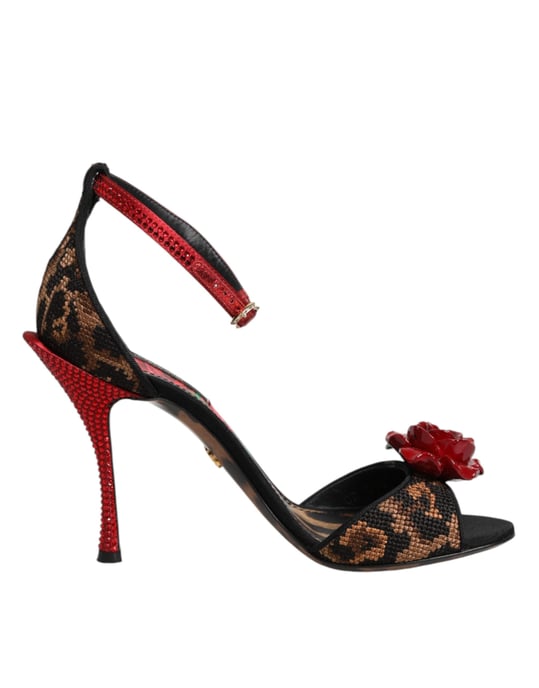 Dolce & Gabbana Brown Leopard Crystal Roses Sandals Shoes - Image 2