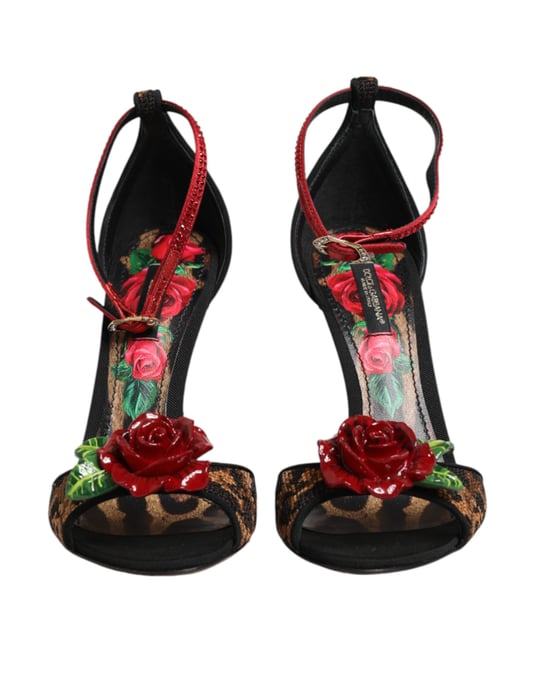 Dolce & Gabbana Brown Leopard Crystal Roses Sandals Shoes - Image 3