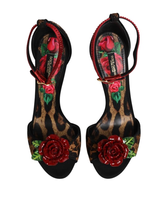 Dolce & Gabbana Brown Leopard Crystal Roses Sandals Shoes - Image 4
