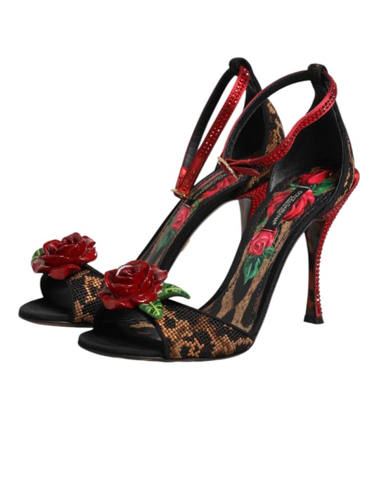 Dolce & Gabbana Brown Leopard Crystal Roses Sandals Shoes - Image 5