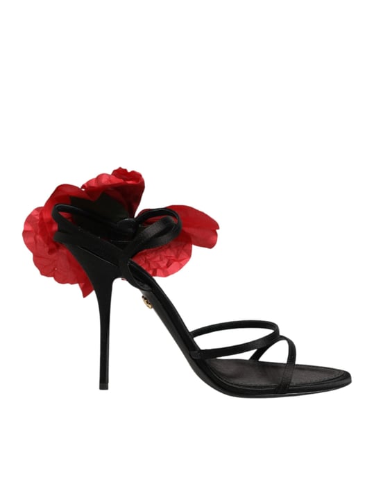Dolce & Gabbana Black Leather Strappy Flower Heels Sandals  Shoes - Image 2