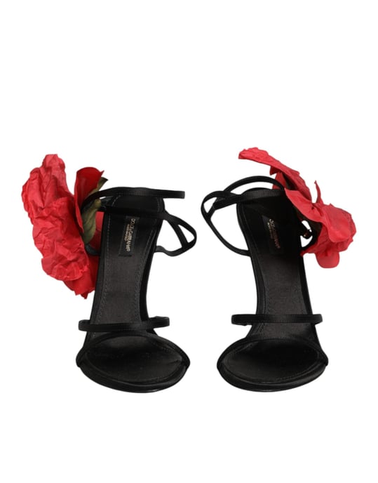 Dolce & Gabbana Black Leather Strappy Flower Heels Sandals  Shoes - Image 3