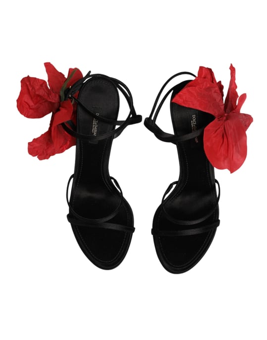 Dolce & Gabbana Black Leather Strappy Flower Heels Sandals  Shoes - Image 4