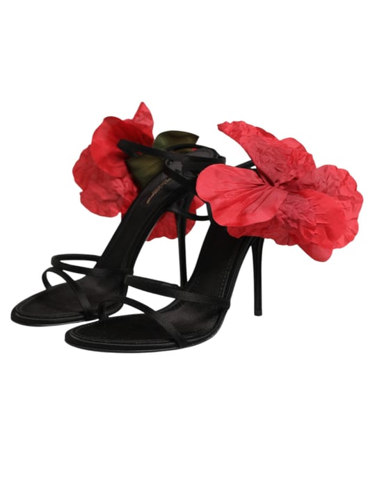 Dolce & Gabbana Black Leather Strappy Flower Heels Sandals  Shoes - Image 5