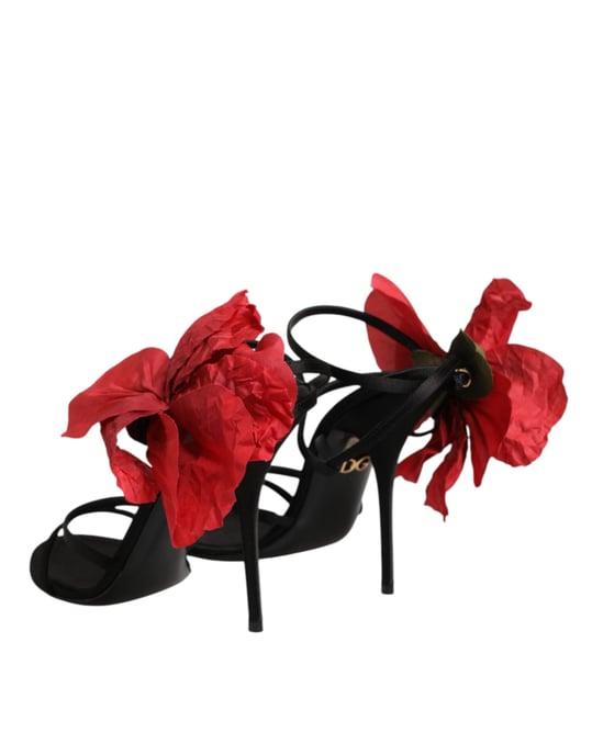 Dolce & Gabbana Black Leather Strappy Flower Heels Sandals  Shoes - Image 6