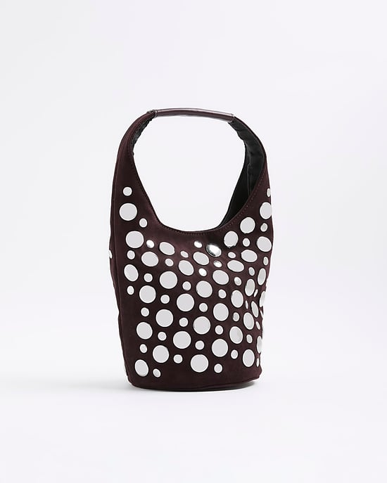 River Island Womens Bucket Shoulder Bag Brown Faux Suede Studded - Image 1
