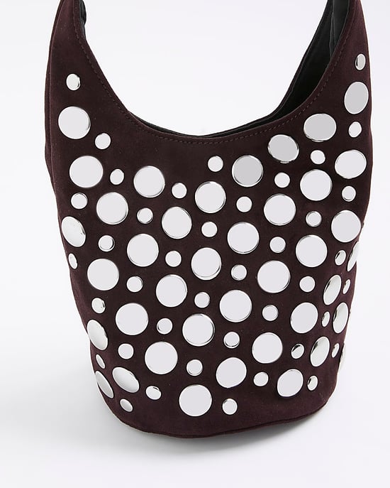 River Island Womens Bucket Shoulder Bag Brown Faux Suede Studded - Image 3