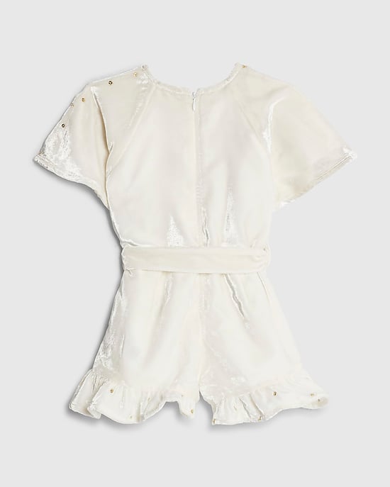 River Island Mini Girls Playsuit Cream Velvet Sequin Bow - Image 4