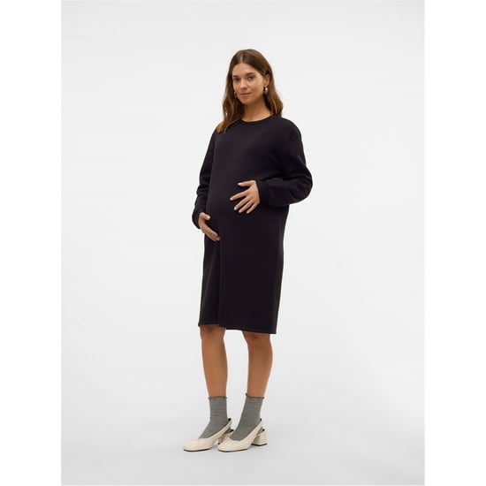 Women's Mamalicious Crew Neck Long Sleeve Knee Length Maternity Dress in Black - Image 2