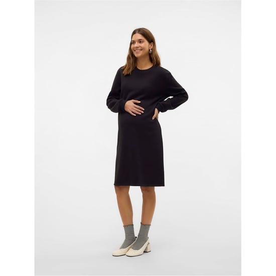 Women's Mamalicious Crew Neck Long Sleeve Knee Length Maternity Dress in Black - Image 3