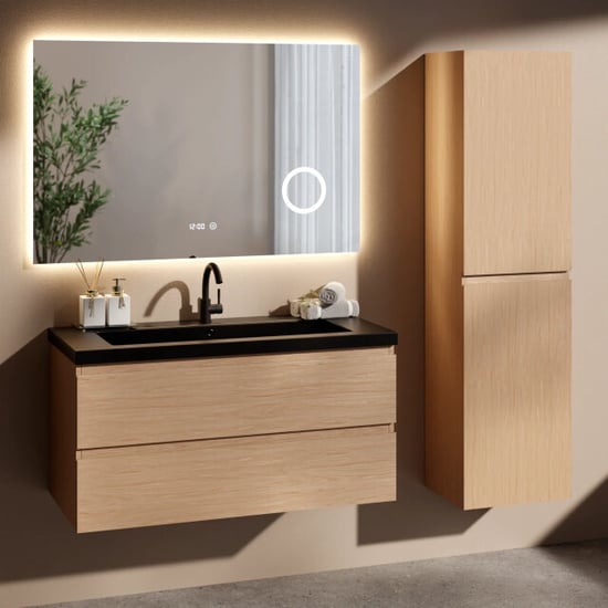 Mirlux Badkamermeubel set monaco 100cm licht eiken wastafel zwart pre-order - Image 1