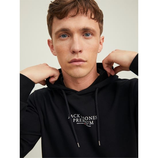 Men's Jack and Jones Bluarchie Hooded Long Sleeve Sweatshirt in Black - Image 2