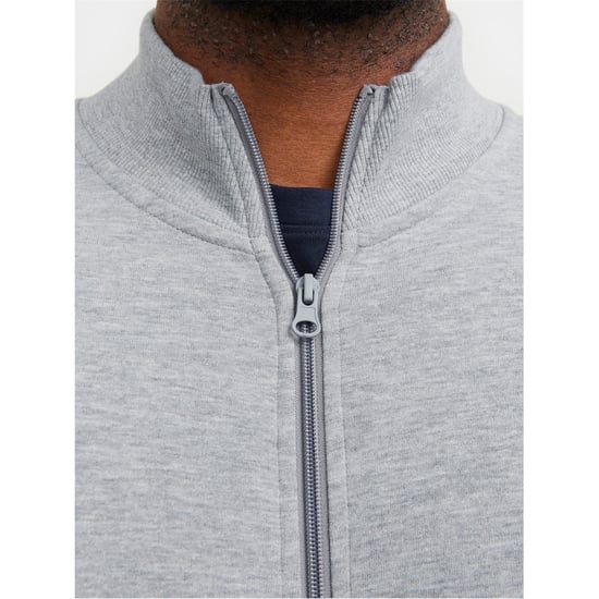 Men's Jack and Jones Paulos Solid Patterned Zip Neck Ribbed Cuff Sweat Jacket in Grey Melange - Image 6